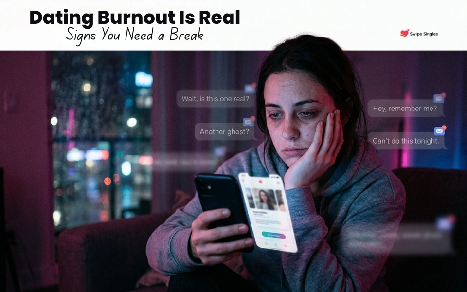 Dating burnout signs showing emotional exhaustion, stress, and the need for a break from relationships.