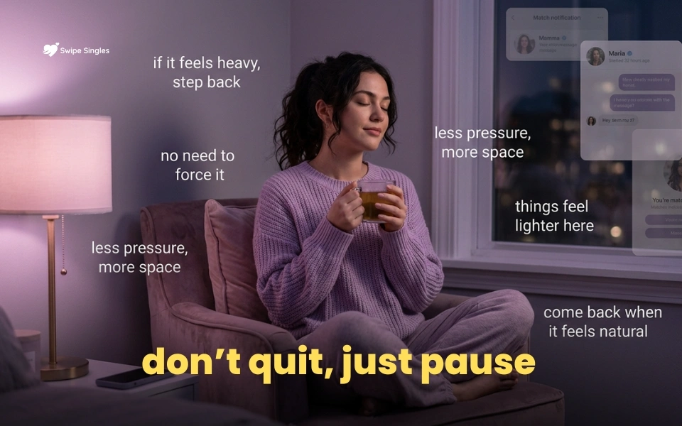 Woman taking a mindful break from dating apps to reduce stress, emotional pressure, and dating burnout.