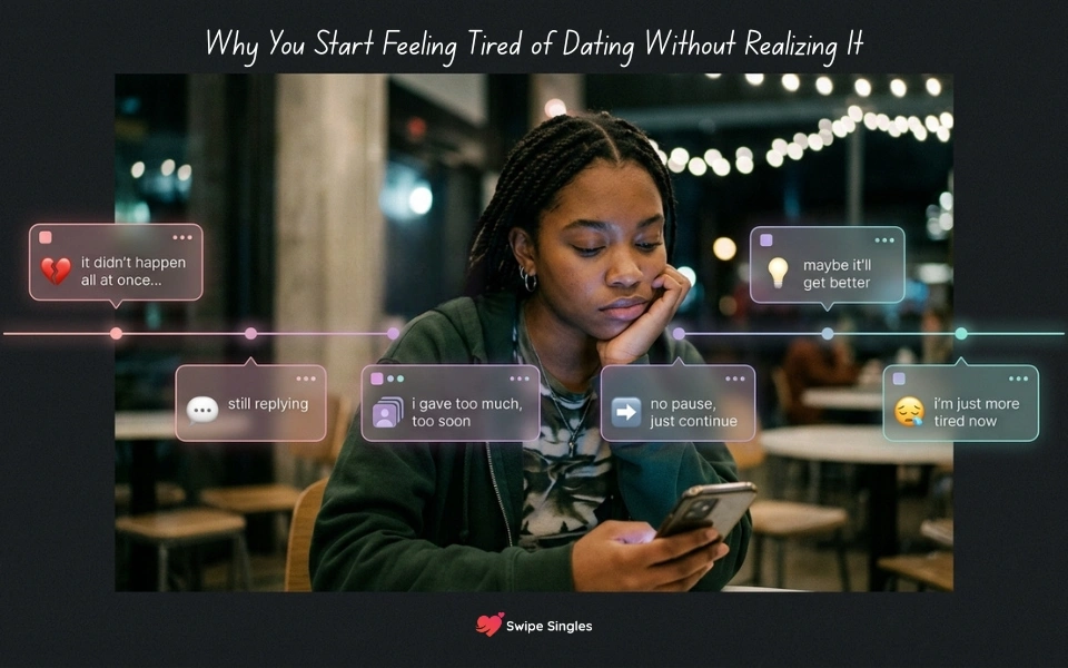 Person feeling emotionally drained from dating fatigue while scrolling through dating apps late at night.